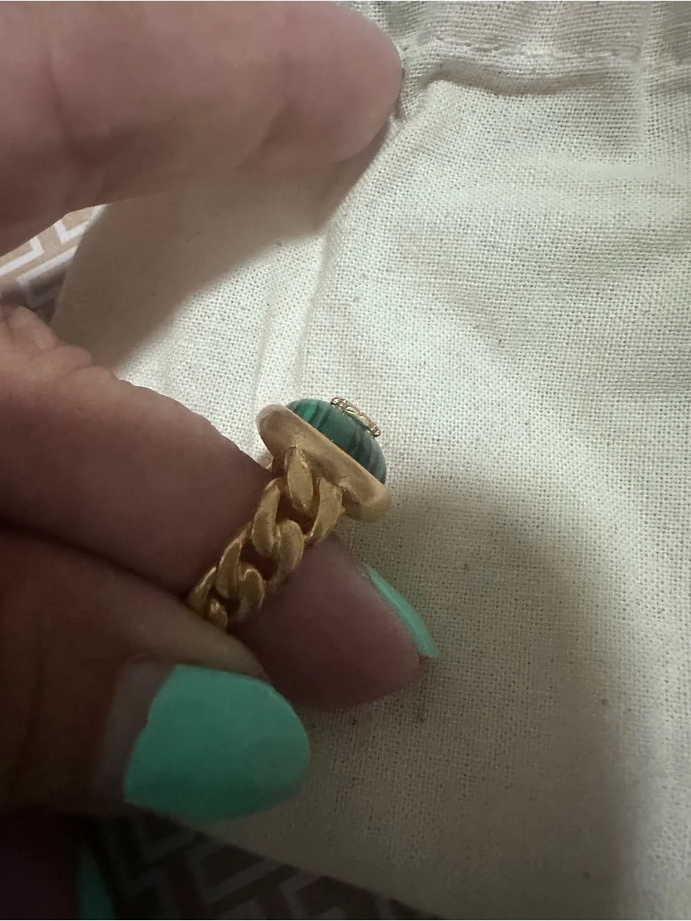 Tory Burch Gold Ring with Green Malachite Center New with pouch